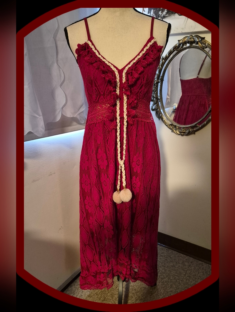 NWTS Cupshe Maroon Astrid Lace Overlay Slip Dress V-Neck/Ruffles & Smocked Waist